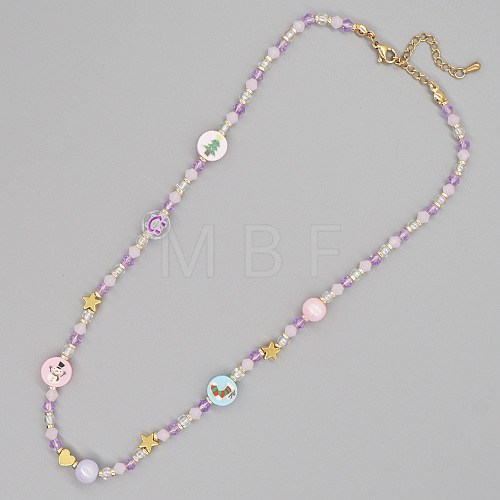 Christmas Theme Glass & Imitaiton Pearl & Brass Bicone Flat Round Beaded Necklaces GF3195-6-1