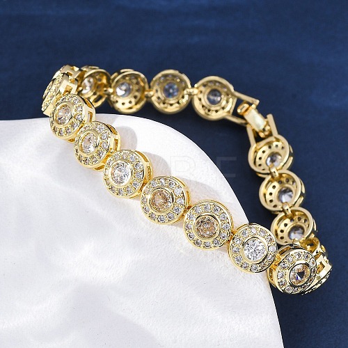 Brass Micro Pave Clear Cubic Zirconia Flat Round Link Chain Bracelets for Women BJEW-A034-01G-1