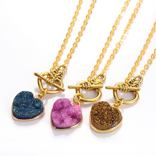 Valentine's Day Heart Electroplate Natural Druzy Crystal Lariat Necklaces NJEW-JN01143-1