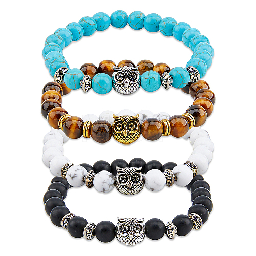 FIBLOOM 4Pcs 4 Styles Natural & Synthetic Mixed Gemstone & Glass & Alloy Owl Beaded Stretch Bracelets Set for Women BJEW-FI0001-04-1