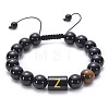 10MM Natural Black Onyx(Dyed & Heated) and Tiger Eye Alphabet Round Braided Bead Adjustable Bracelets for Women DM6424-26-1