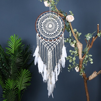 Iron Bohemian Woven Web/Net with Feather Macrame Wall Hanging Decorations PW-WG35995-01-1