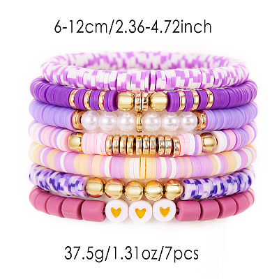 7Pcs Heart Pattern Polymer Clay & Plastic Pearl & CCB Plastic Beaded Stretch Bracelet Set for Women FS-WG634BB-02-1