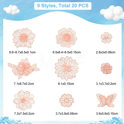  20 Pcs 9 Style Flower & Butterfly Organgza Lace Embroidery Ornament Accessories DIY-NB0007-72-1