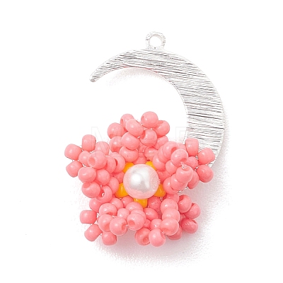 Glass Seed Beaded Moon & Flower Pendants PALLOY-MZ01185-03-1