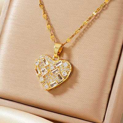 Elegant Brass Pave Clear Cubic Zirconia Heart Pendant Necklaces for Women UX5572-2-1
