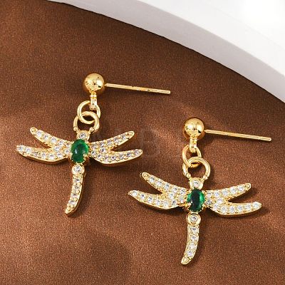 Dragonfly Brass Micro Pave Cubic Zirconia Dangle Stud Earrings EJEW-F895-15G-1