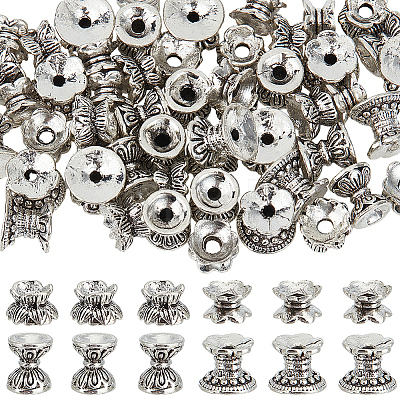 64Pcs 4 Styles Tibetan Style Alloy Bead Caps FIND-SC0009-51-1