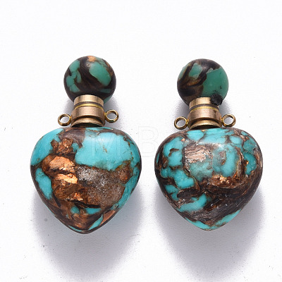 Heart Assembled Natural Bronzite and Synthetic Turquoise Openable Perfume Bottle Pendants G-R484-01B-1