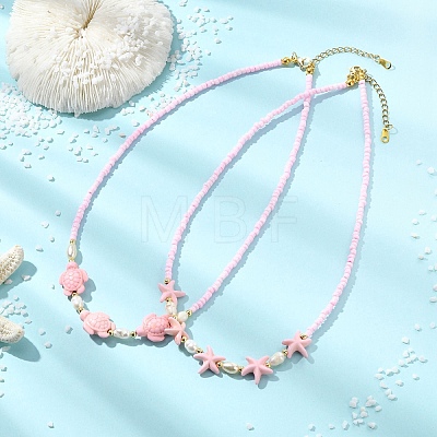 2Pcs 2 Styles Ocean Turtle Starfish Synthetic Turquoise & Natural Pearl & Glass Seed Beaded Necklaces NJEW-JN06130-01-1