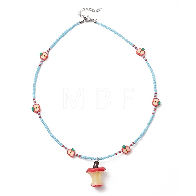 Teachers' Day Resin Cute Apple Core Pendant Polymer Clay & Glass Seed Beaded Necklaces for Women NJEW-TA00231-1