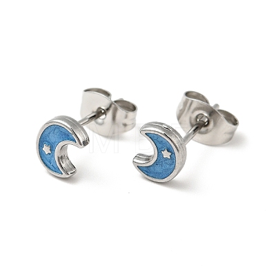 Enamel Crescent Moon with Star Stud Earrings with 316 Surgical Stainless Steel Pins EJEW-A081-05P-1