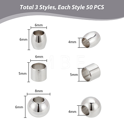 150Pcs 3 Style 304 Stainless Steel European Beads STAS-PH0005-42-1