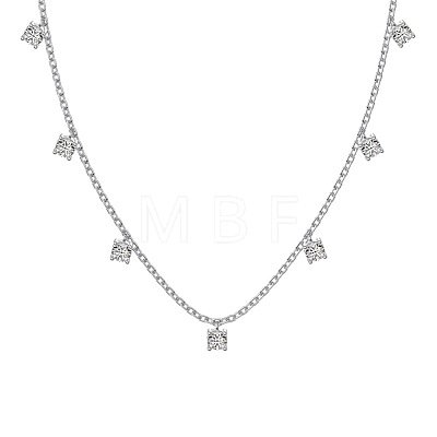 Rhodium Plated 925 Sterling Silver Pave Clear Cubic Zirconia Square Tassel Necklaces NJEW-Q342-07P-1