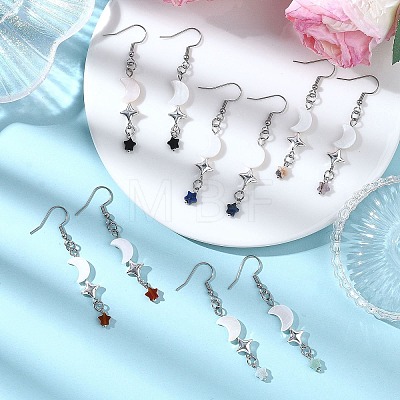 Star with Moon Natural Mixed Stone Dangle Earrings EJEW-JE06756-1