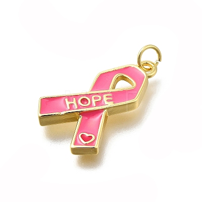 October Breast Cancer Pink Awareness Ribbon Brass Enamel Pendants KK-S517-04H-G-1