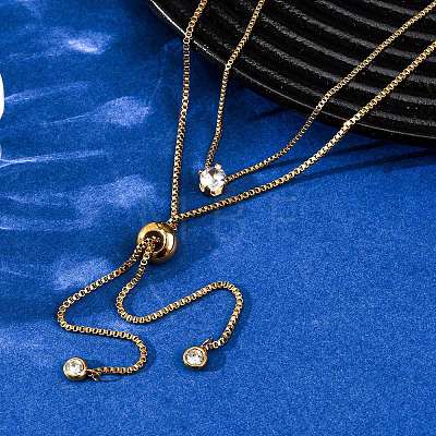 304 Stainless Steel Crystal Rhinestone Flat Round Box Chain Double Layer Slider Lariat Necklaces NJEW-K291-01G-1