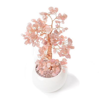 Natural Rose Quartz Chips with Brass Wrapped Wire Money Tree on Ceramic Vase Display Decorations DJEW-B007-02E-1