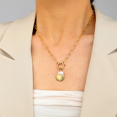 Stainless Steel Shell & Imitation Pearl Pendant Necklaces HT9511-3-1