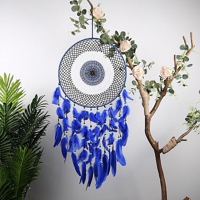 Evil Eye Woven Web/Net with Feather Wall Hanging Decorations PW-WG77758-01-1