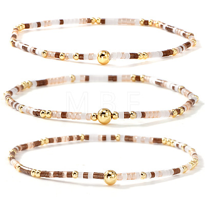 Boho Round Brass and Glass Seed Beaded Stretch Stackable Bracelet Sets BP2363-3-1