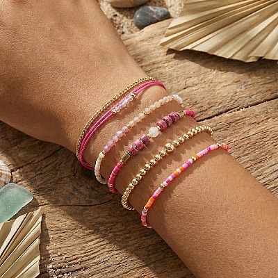 5Pcs Adjustable Nylon Round Gemstone Bead Braided Bracelet Sets NO9066-2-1