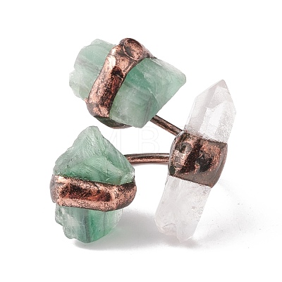 Natural Fluorite & Quartz Crystal Irregular Nugget Open Cuff Ring RJEW-I082-07R-03-1