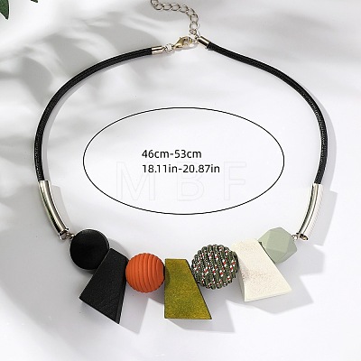 Bohemian Style Trapezoid & Round Wood Beaded Pendant Black Waxed Cord Bib Necklaces for Women FS-WG1625A-02-1