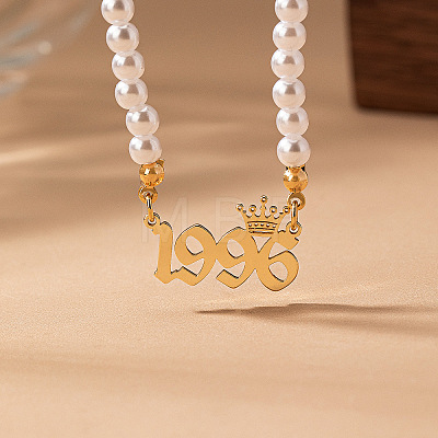 Alloy Crown Birth Year Pendant Imitation Pearl Round White Beaded Necklaces for Women FS-WG173C9-36-1