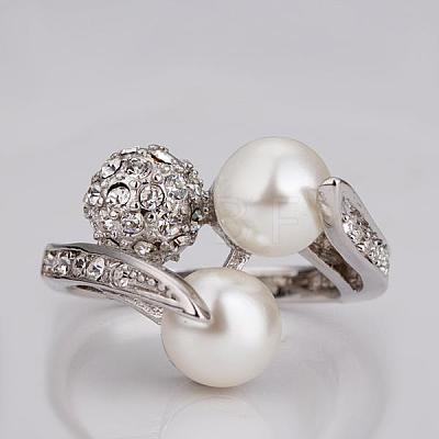 Real Platinum Plated Eco-Friendly Tin Alloy Round Imitation Pearl Finger Rings For Party RJEW-BB14376-7P-1