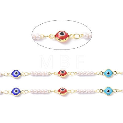 Evil Eye Glass & Brass & ABS Imitation Pearl Handmade Beaded Chains CHC-D029-37G-01-1