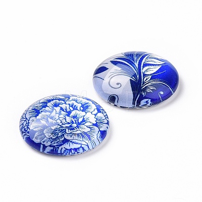 Blue and White Floral Printed Glass Cabochons GGLA-A002-20mm-XX-1