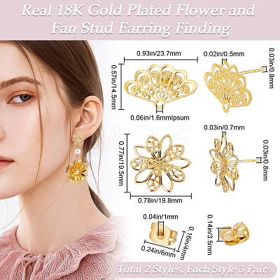 Beebeecraft 6 Pairs 2 Style Brass Stud Earring Findings KK-BBC0012-14-1