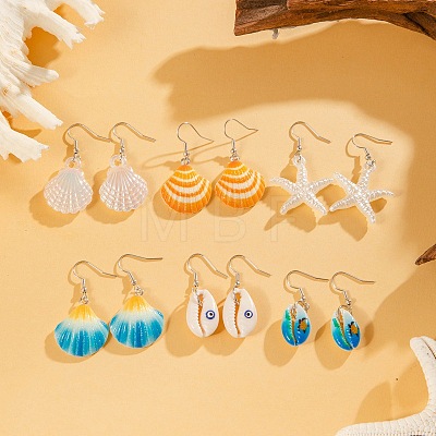 Shell Shape & Starfish Alloy Natural Shell Dangle Earrings FS-WGAC3B8-01-1