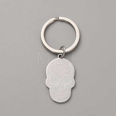 Sugar Skull 201 Stainless Steel Pendant Keychain KEYC-WH0027-108P-1