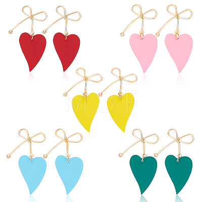 5 Pairs 5 Colors  Alloy Bowknot with Heart Dangle Stud Earrings EJEW-AN0003-59-1
