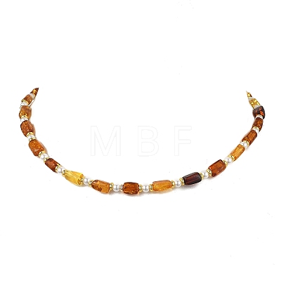Rectangle Natural Amber and Round White Shell Pearl Beaded Necklaces NJEW-JN05645-1