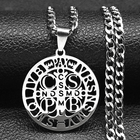 201 Stainless Steel Saint Benedict Medal Pendant Necklaces with Cuban Link Chains for Men FS-WG2A1DE-01-1