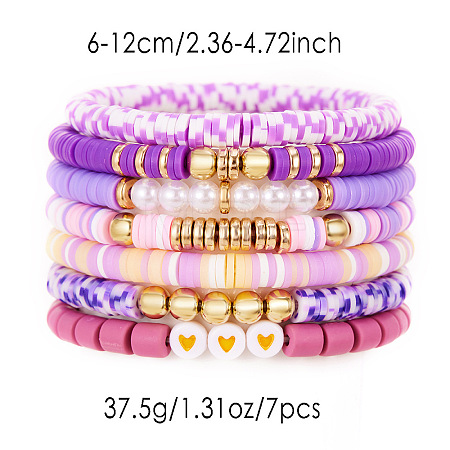 7Pcs Heart Pattern Polymer Clay & Plastic Pearl & CCB Plastic Beaded Stretch Bracelet Set for Women FS-WG634BB-02-1
