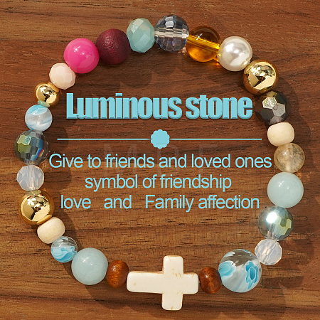 Synthetic Howlite & Glass & Plastic & Zinc Alloy & Brass & Wood Beads Stretch Bracelets for Women JJ5284-1