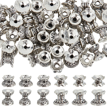 64Pcs 4 Styles Tibetan Style Alloy Bead Caps FIND-SC0009-51-1