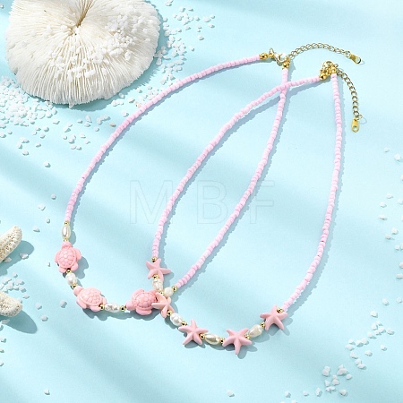 2Pcs 2 Styles Ocean Turtle Starfish Synthetic Turquoise & Natural Pearl & Glass Seed Beaded Necklaces NJEW-JN06130-01-1