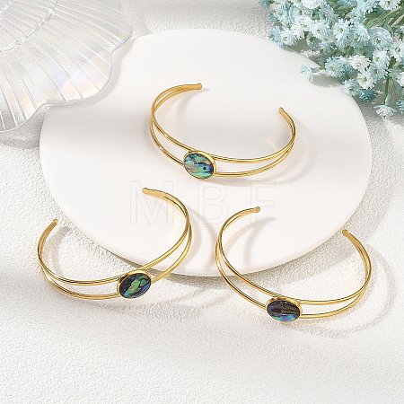 304 Stainless Steel & Natural Paua Shell Cuff Bangles for Women BJEW-JB14122-02-1