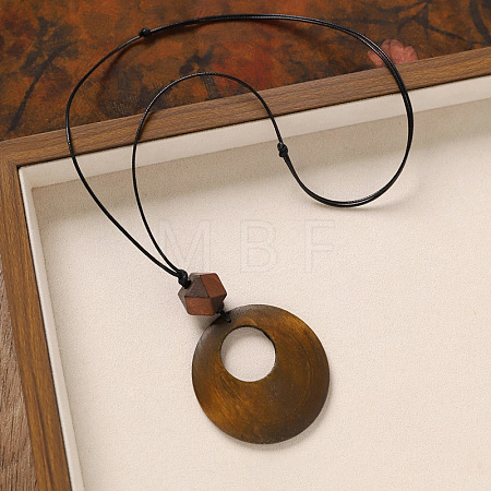 Wood Pendant Black Wax Cord Long Necklaces for Women FS-WG36920-07-1