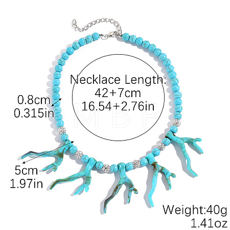 Bohemian Coral Shape and Round Synthetic Turquoise Beaded Necklaces with Alloy End Chains FS-WG16541-08-1