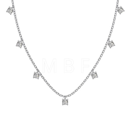 Rhodium Plated 925 Sterling Silver Pave Clear Cubic Zirconia Square Tassel Necklaces NJEW-Q342-07P-1