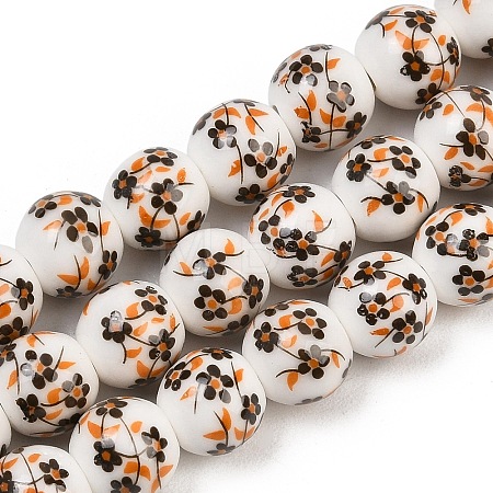 Handmade Flower Printed Porcelain Ceramic Beads Strands PORC-M007-10mm-04-1