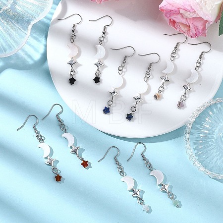 Star with Moon Natural Mixed Stone Dangle Earrings EJEW-JE06756-1
