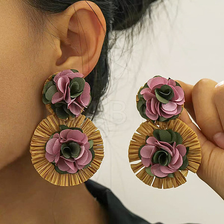 Bohemian Cloth & Raffia Dangle Stud Earrings WGE9CA1-01-1