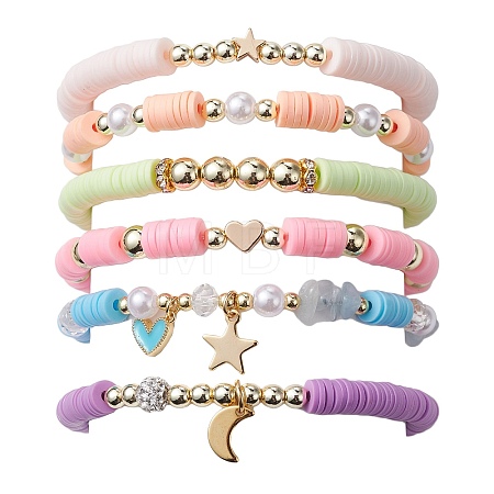 6Pcs 6 Style Polymer Clay & ABS Plastic Pearl Beaded Stretch Bracelets Set BJEW-JB09674-1